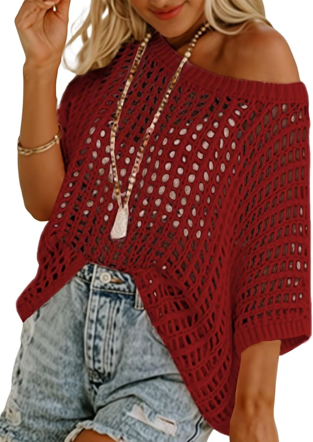 Womens Summer Scoop Neck Short Sleeve Sweater Casual Crochet Hollow Out Knit Tops Pullover Shirts Beach Coverup