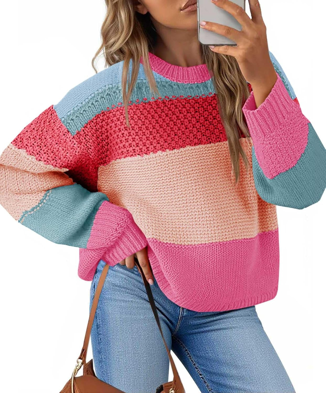 Womens Color Block Cropped Sweaters 2025 Winter Trendy Casual Oversized Y2K Going Out Striped Pullover Tops