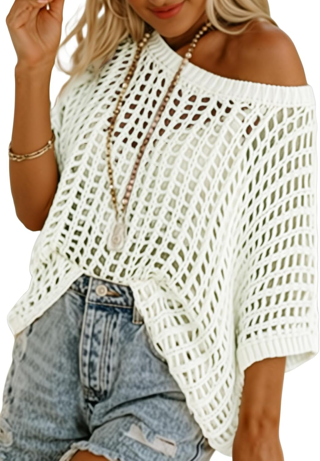 Womens Summer Scoop Neck Short Sleeve Sweater Casual Crochet Hollow Out Knit Tops Pullover Shirts Beach Coverup