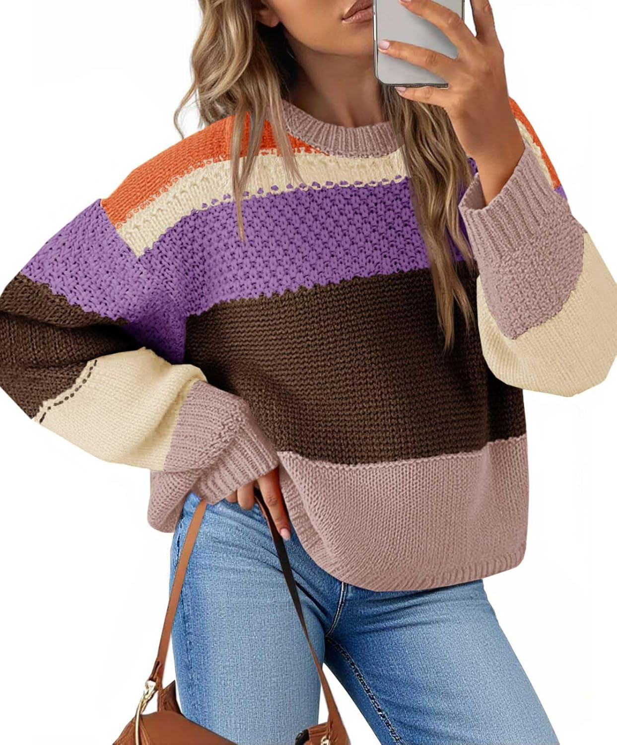 Womens Color Block Cropped Sweaters 2025 Winter Trendy Casual Oversized Y2K Going Out Striped Pullover Tops