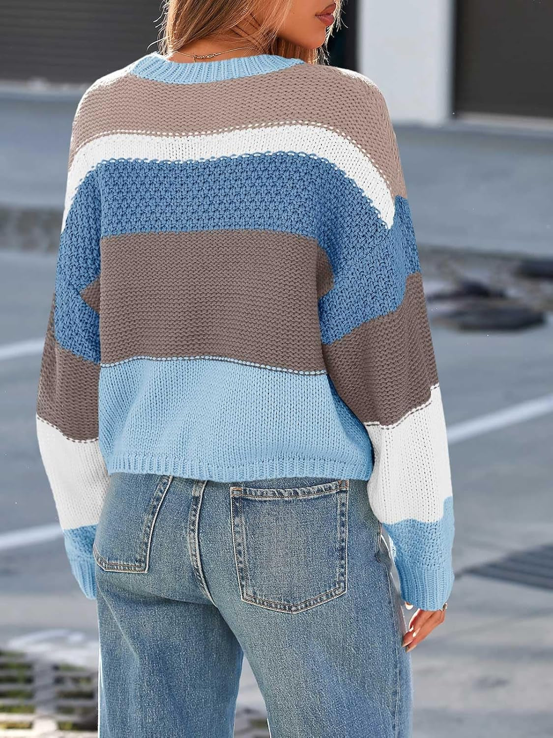 Womens Color Block Cropped Sweaters 2025 Winter Trendy Casual Oversized Y2K Going Out Striped Pullover Tops