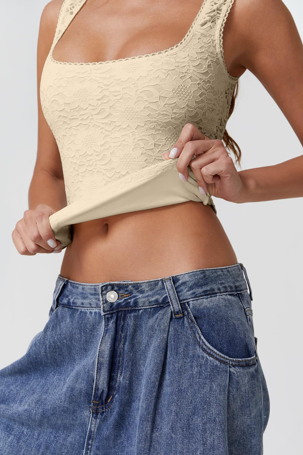 Womens Lace Trim Square Neck Sleeveless Tank Tops Double-Layer Slim Fit T Shirt Crop Tops
