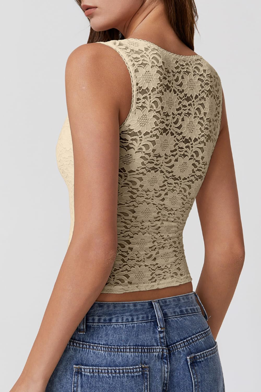 Womens Lace Trim Square Neck Sleeveless Tank Tops Double-Layer Slim Fit T Shirt Crop Tops