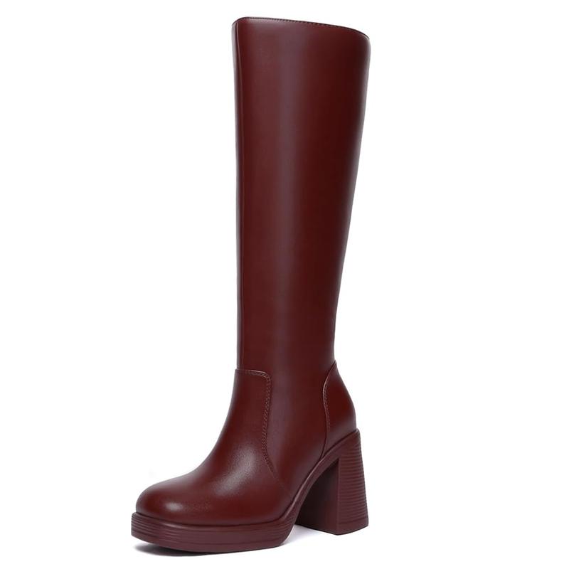 Athlefit Black Knee High Boots for Women Platform Tall Boots Fashion Square Toe Chunky Heeled Booties