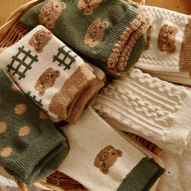 6 Pair Cute Cotton Kawaii Bear Ankle Socks - Preppy Ruffle Japanese Thick Fall Vintage Crew Socks for Women