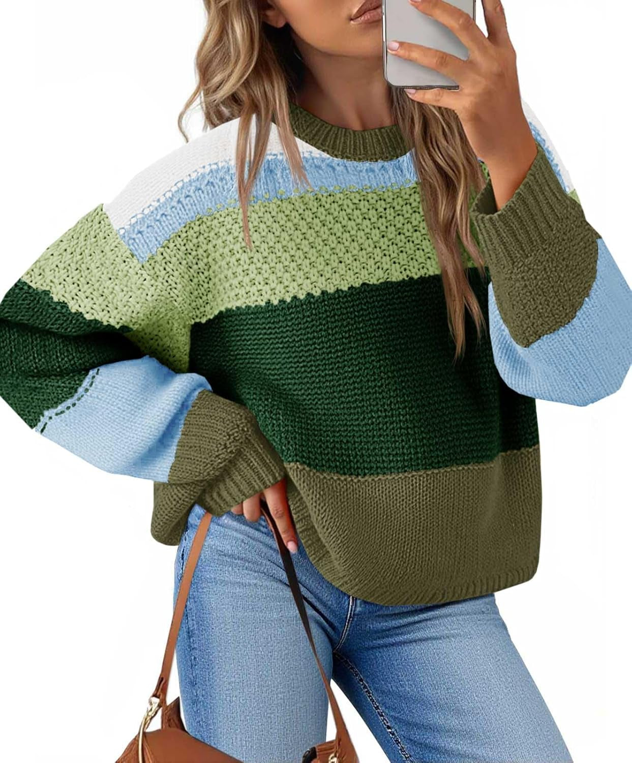 Womens Color Block Cropped Sweaters 2025 Winter Trendy Casual Oversized Y2K Going Out Striped Pullover Tops