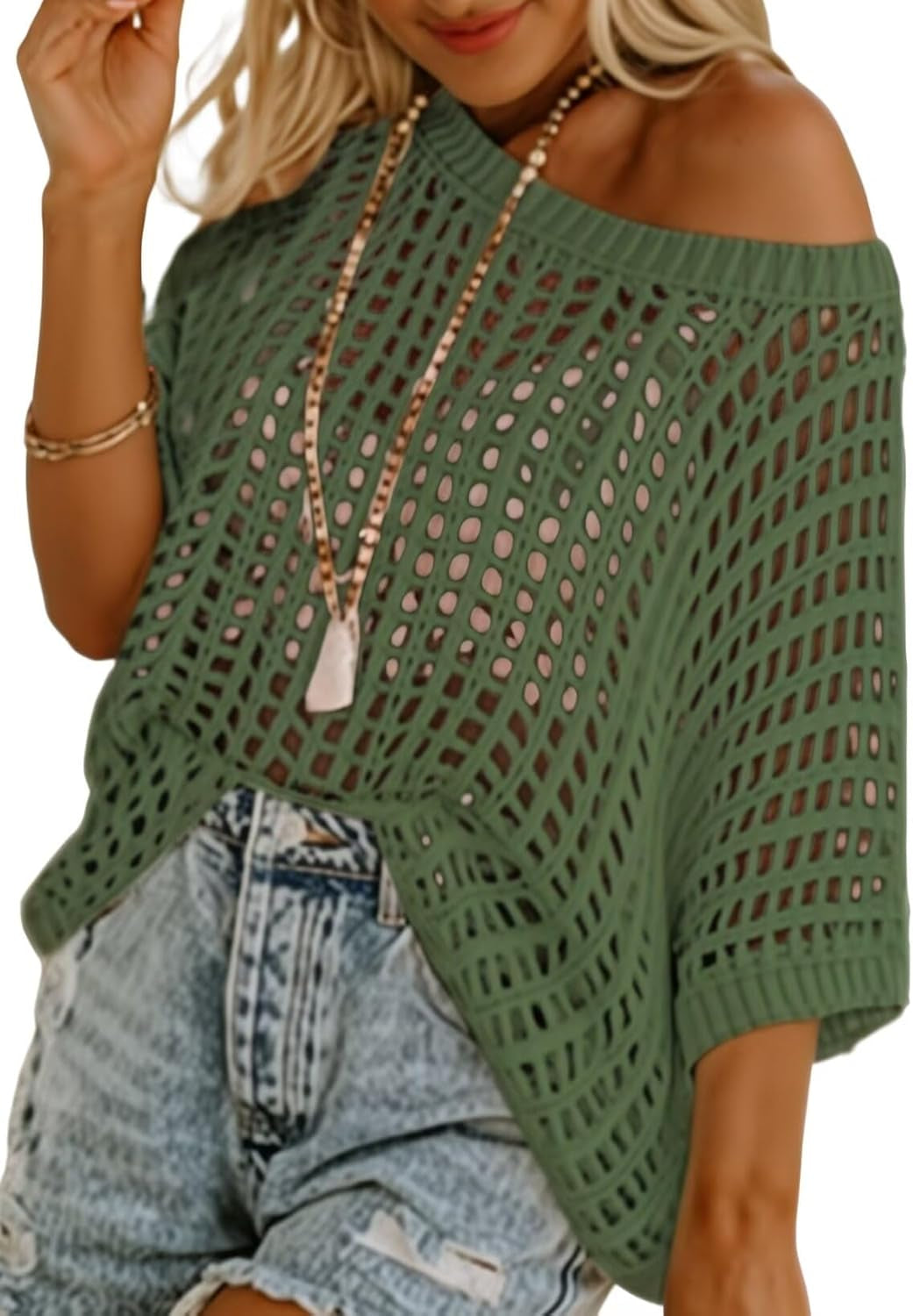 Womens Summer Scoop Neck Short Sleeve Sweater Casual Crochet Hollow Out Knit Tops Pullover Shirts Beach Coverup
