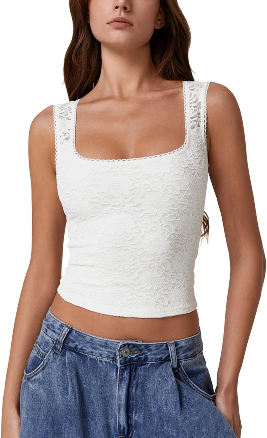 Womens Lace Trim Square Neck Sleeveless Tank Tops Double-Layer Slim Fit T Shirt Crop Tops