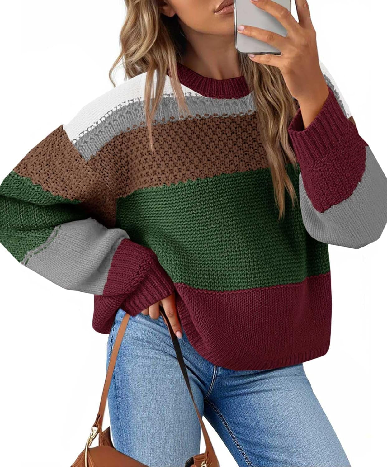 Womens Color Block Cropped Sweaters 2025 Winter Trendy Casual Oversized Y2K Going Out Striped Pullover Tops