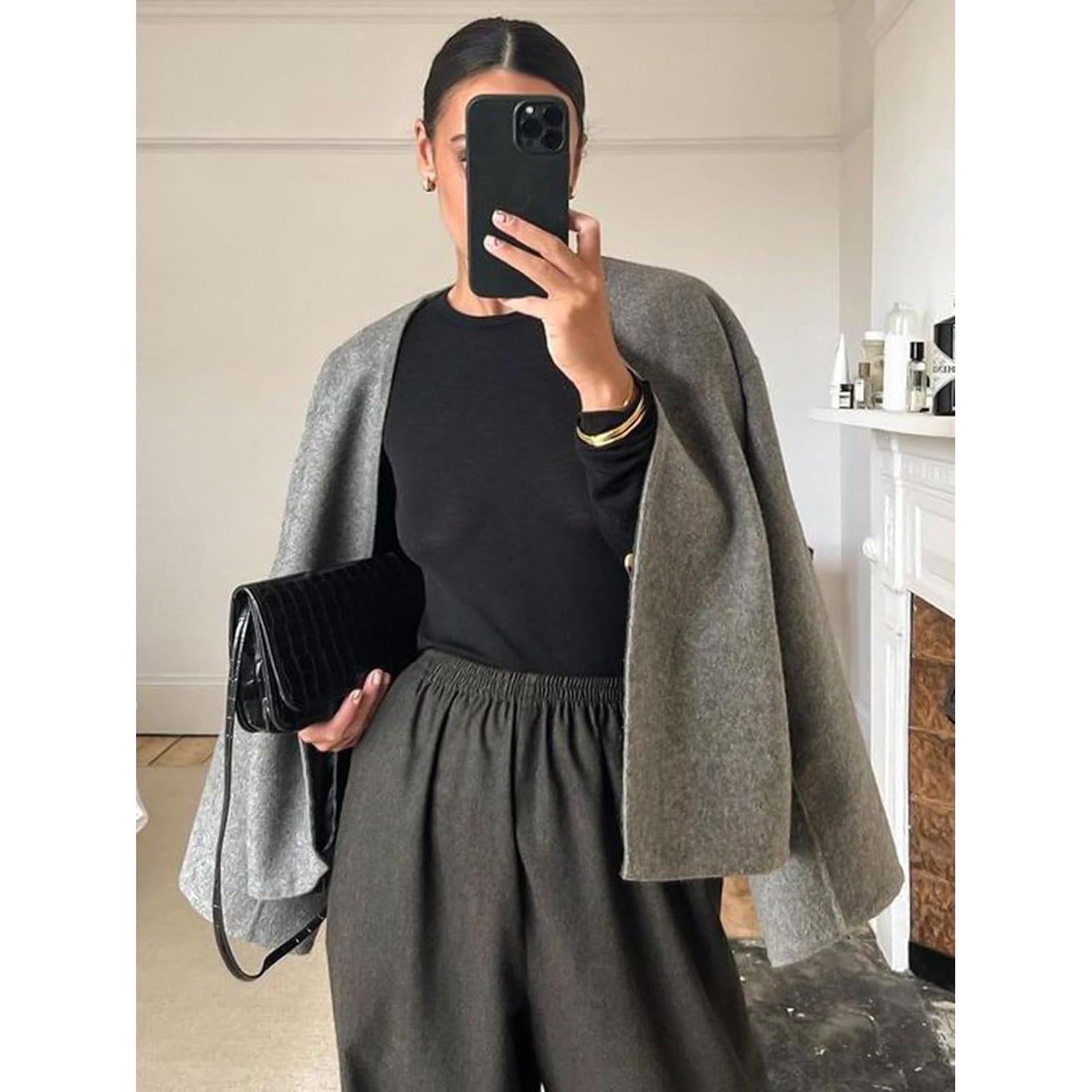 Women Cropped Wool Blend Coats Long Sleeve Coat Jacket Peacoat Fall Winter Outwear Overcoat