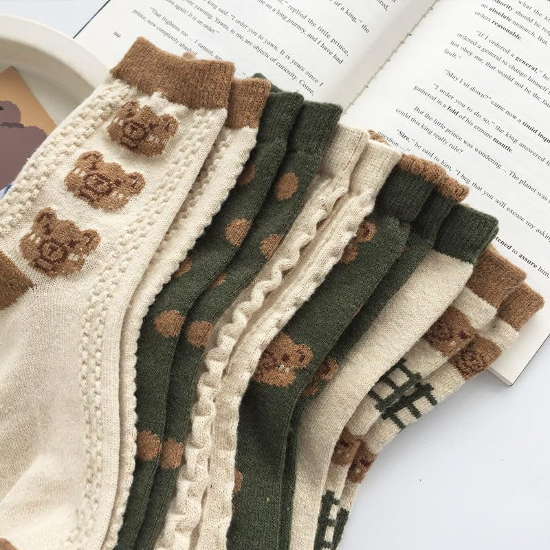 6 Pair Cute Cotton Kawaii Bear Ankle Socks - Preppy Ruffle Japanese Thick Fall Vintage Crew Socks for Women