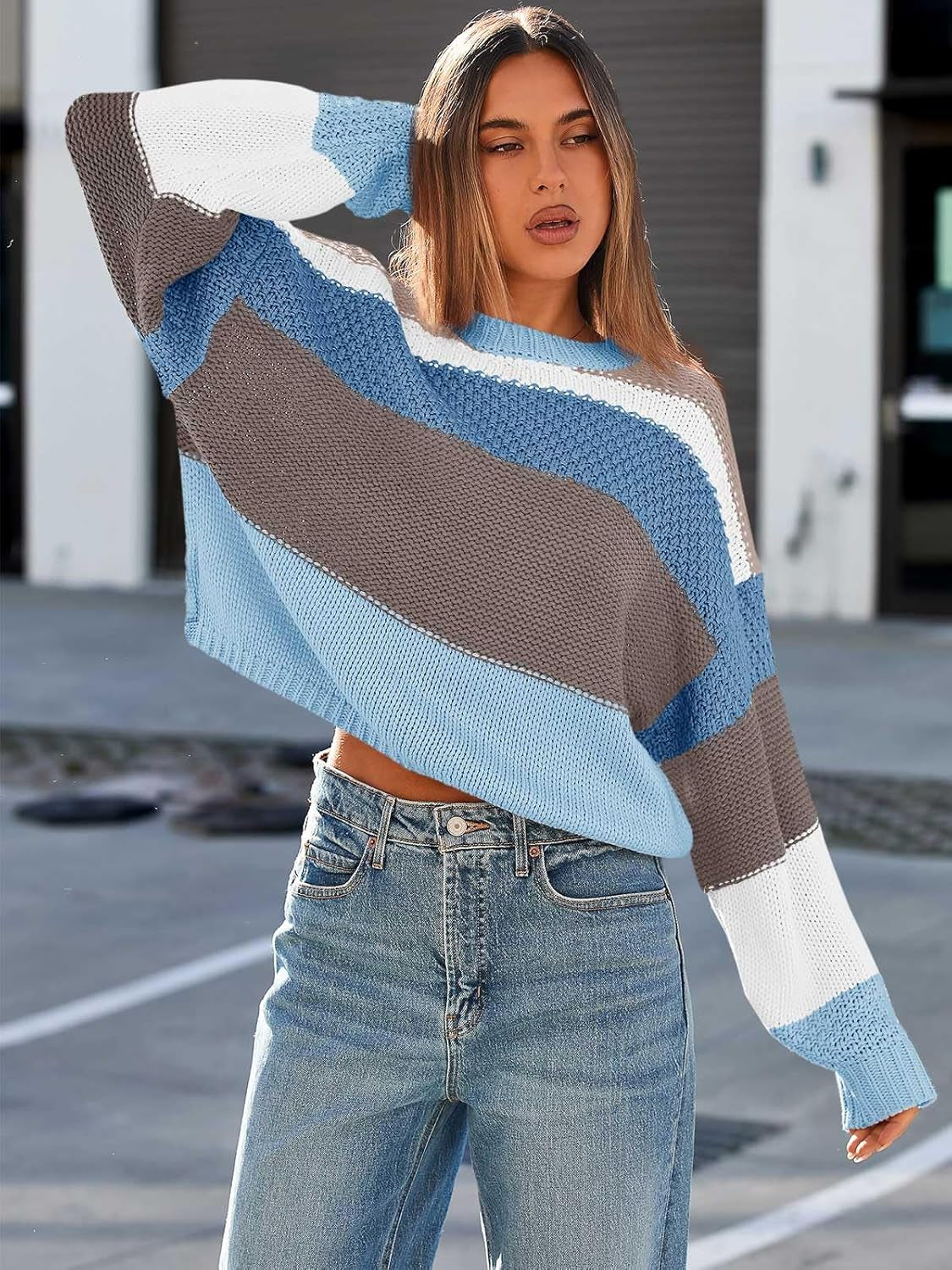 Womens Color Block Cropped Sweaters 2025 Winter Trendy Casual Oversized Y2K Going Out Striped Pullover Tops