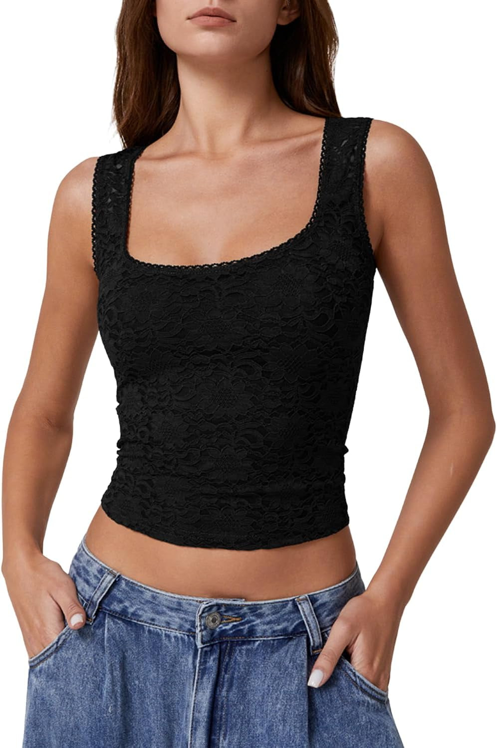 Womens Lace Trim Square Neck Sleeveless Tank Tops Double-Layer Slim Fit T Shirt Crop Tops
