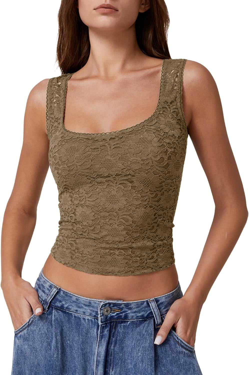 Womens Lace Trim Square Neck Sleeveless Tank Tops Double-Layer Slim Fit T Shirt Crop Tops