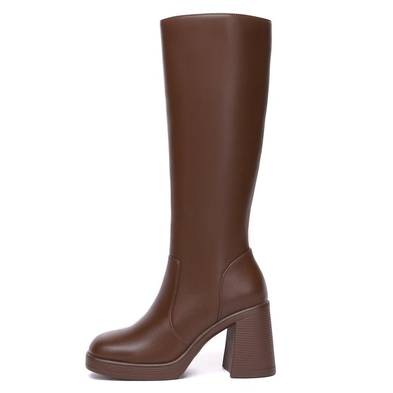 Athlefit Black Knee High Boots for Women Platform Tall Boots Fashion Square Toe Chunky Heeled Booties