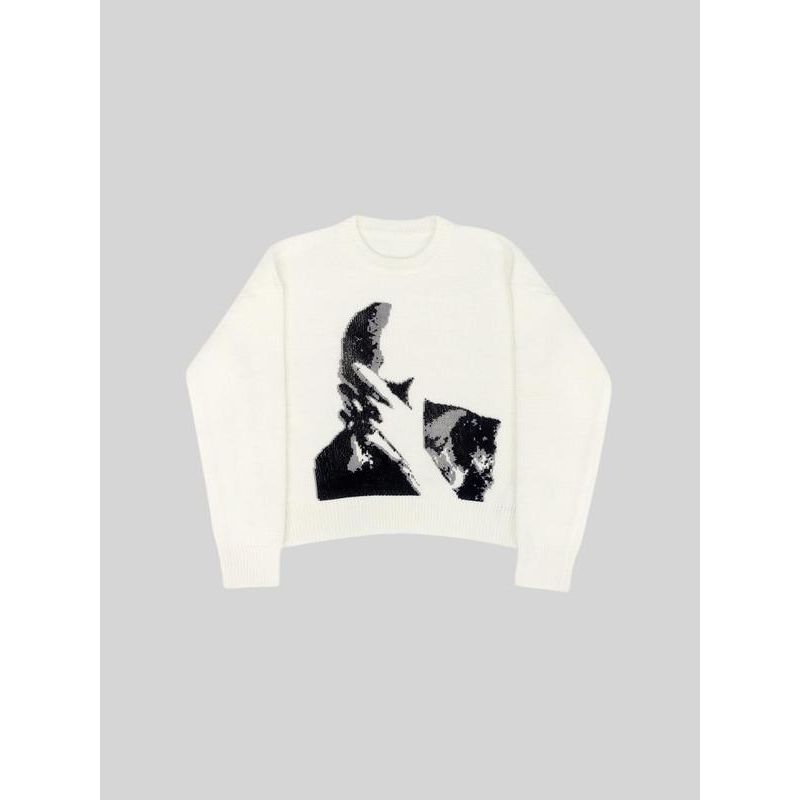 Women'S Figure Print round Neck Sweater, Casual Cozy Fitted Long Sleeve Jumper, Ladies Fall & Winter Knitwear for Everyday Daily Wear, Longsleeves Tops, Trending Clothing Women, Womenswear, Crewneck Knitted Tops, White