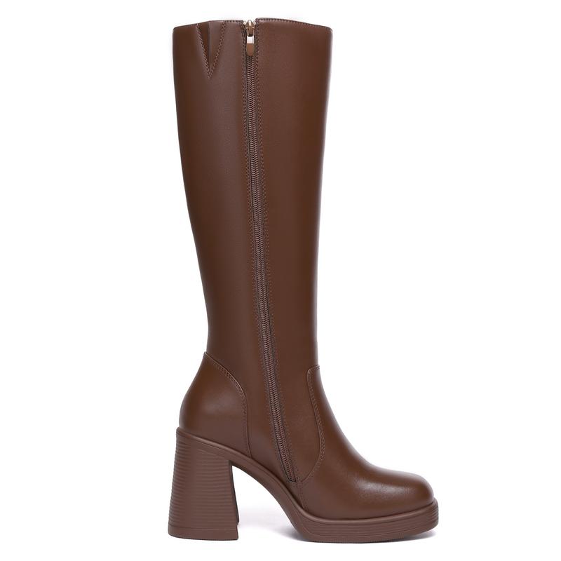 Athlefit Black Knee High Boots for Women Platform Tall Boots Fashion Square Toe Chunky Heeled Booties