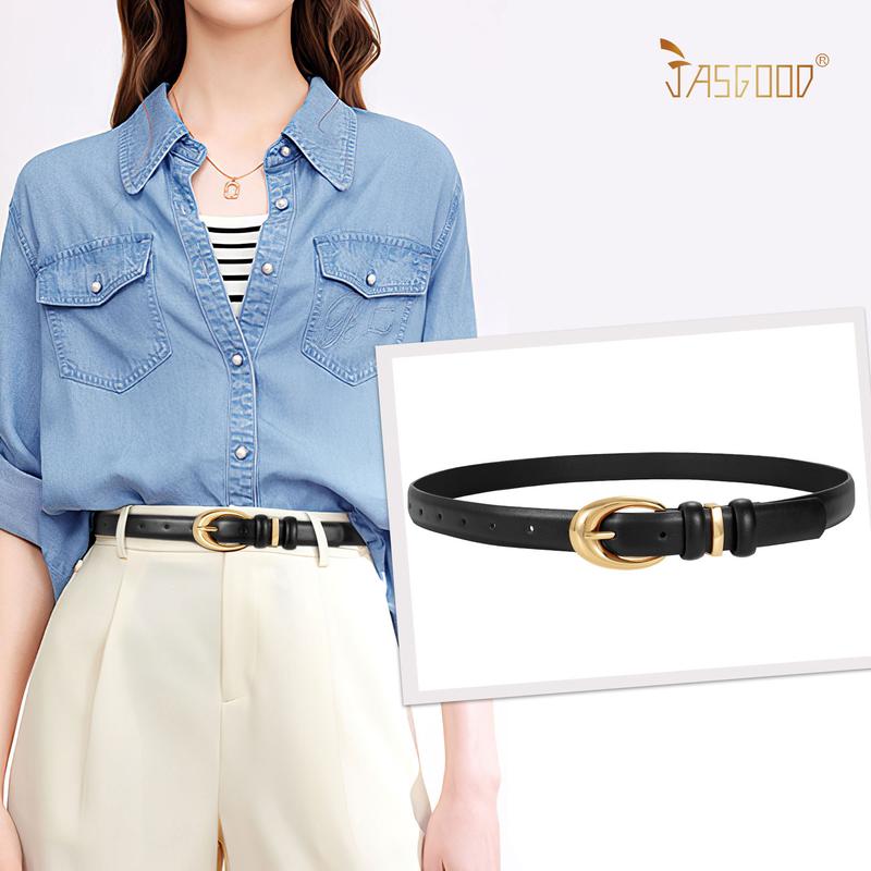 JASGOOD Women Leather Belt for Jeans Pants Fashion Ladies Skinny Faux Leather Belt with Gold Buckle