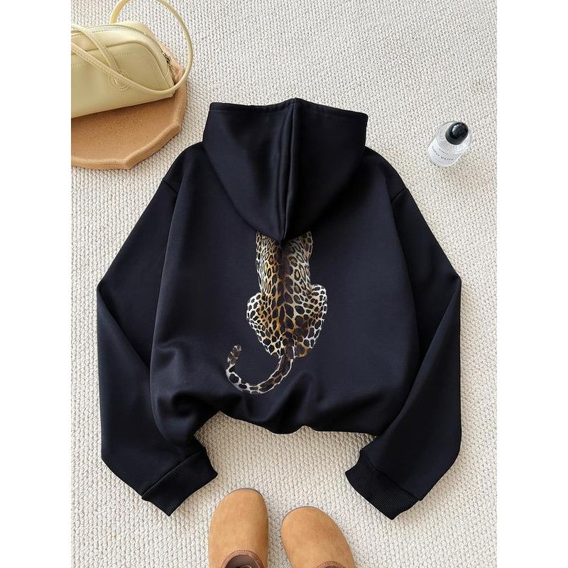 Women'S Cartoon Leopard Print Drop Shoulder Hoodie, Fashion Casual Drawstring Pocket Hooded Sweatshirt for Daily Holiday Outdoor Wear, Women Clothing for Fall & Winter