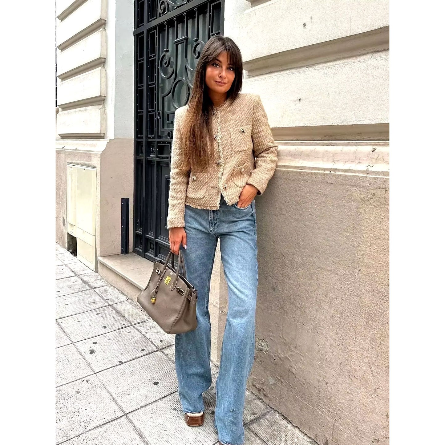 Women'S Jacket Coat Tweed Cropped Jacket New in Outerwears Autumn Winter Crop Jacket Woman Long Sleeve Elegant Short Coats