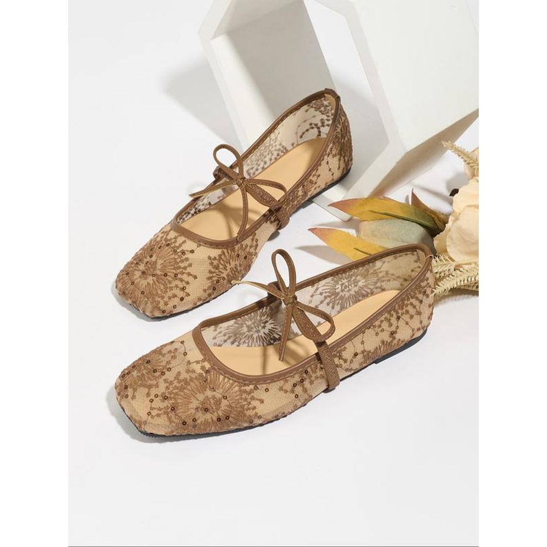 Women'S Embroidery Lace Netted Ballet Flats, Elegant Square Toe Flat Shoes for Party, Daily Clothing Decor, Lightweight Breathable Comfortable Shoes for Women & Girls, Wedding Shoes