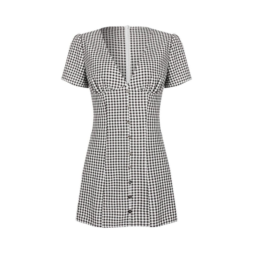 Women's Plaid Print V Neck Shirt Dress, Casual Short Sleeve Button Dress for Daily Wear, Ladies Clothes for All Seasons