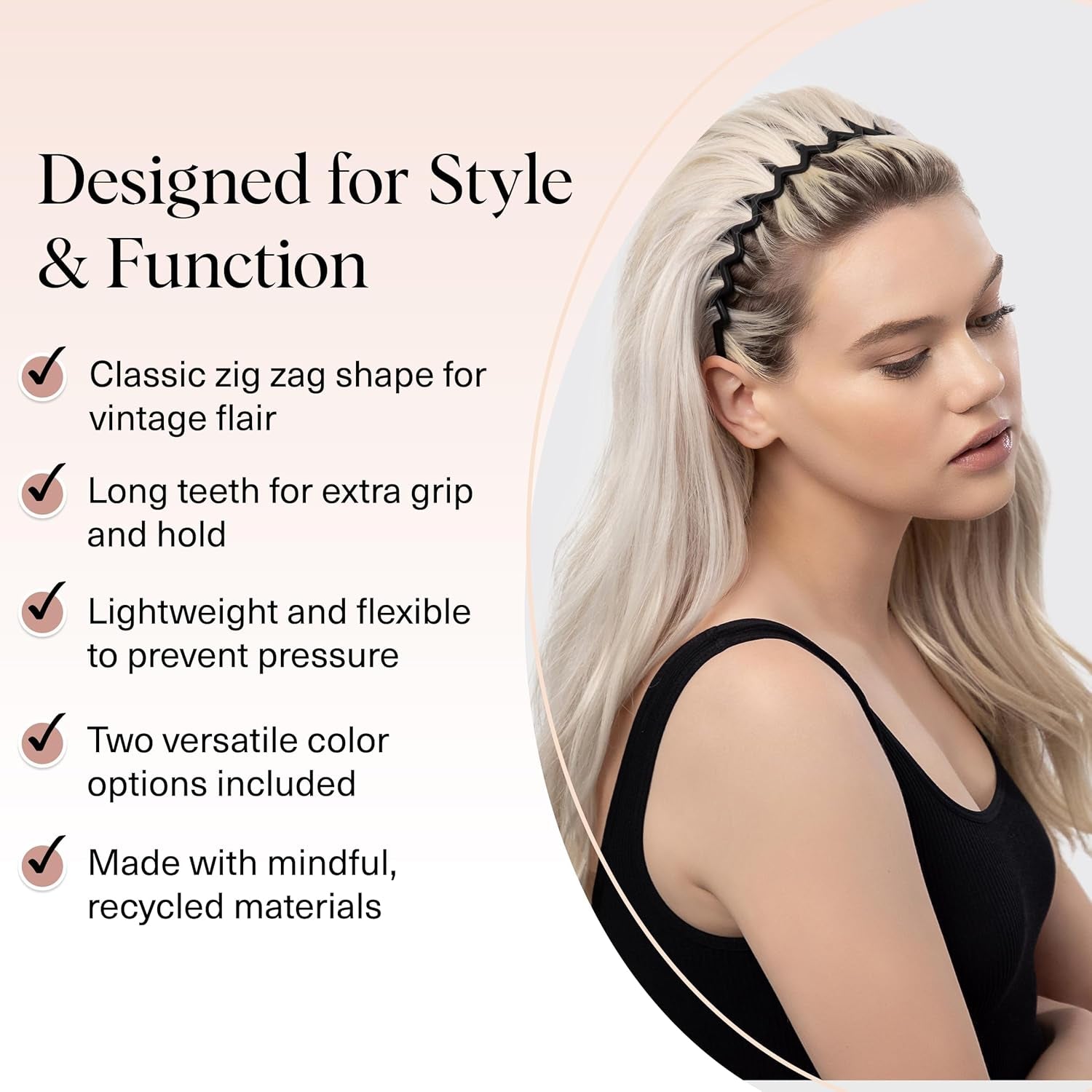 Zig Zag Headbands for Women Non Slip – Fashion Accessories for Slicked Back Styles - Comfortable Comb Headband with Teeth - Recycled Plastic Tortoise & Black Headband - 2 Pcs