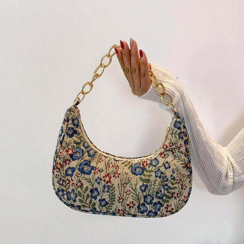 Fashionable Metal Chain Clutch Bag with Crescent Moon & Butterfly Pattern, Casual Burlap Handbag for Women Valentines