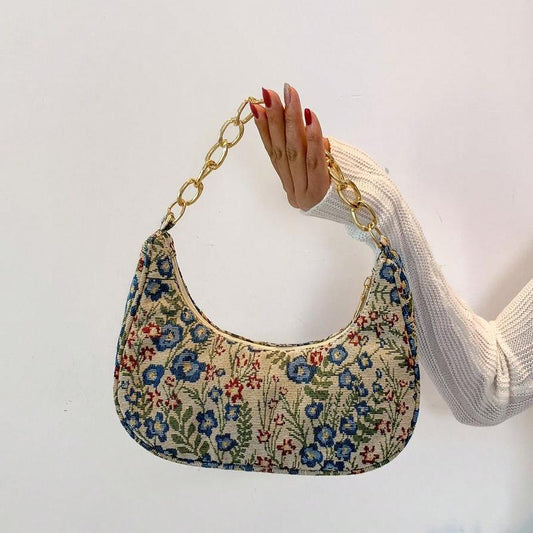 Fashionable Metal Chain Clutch Bag with Crescent Moon & Butterfly Pattern, Casual Burlap Handbag for Women Valentines