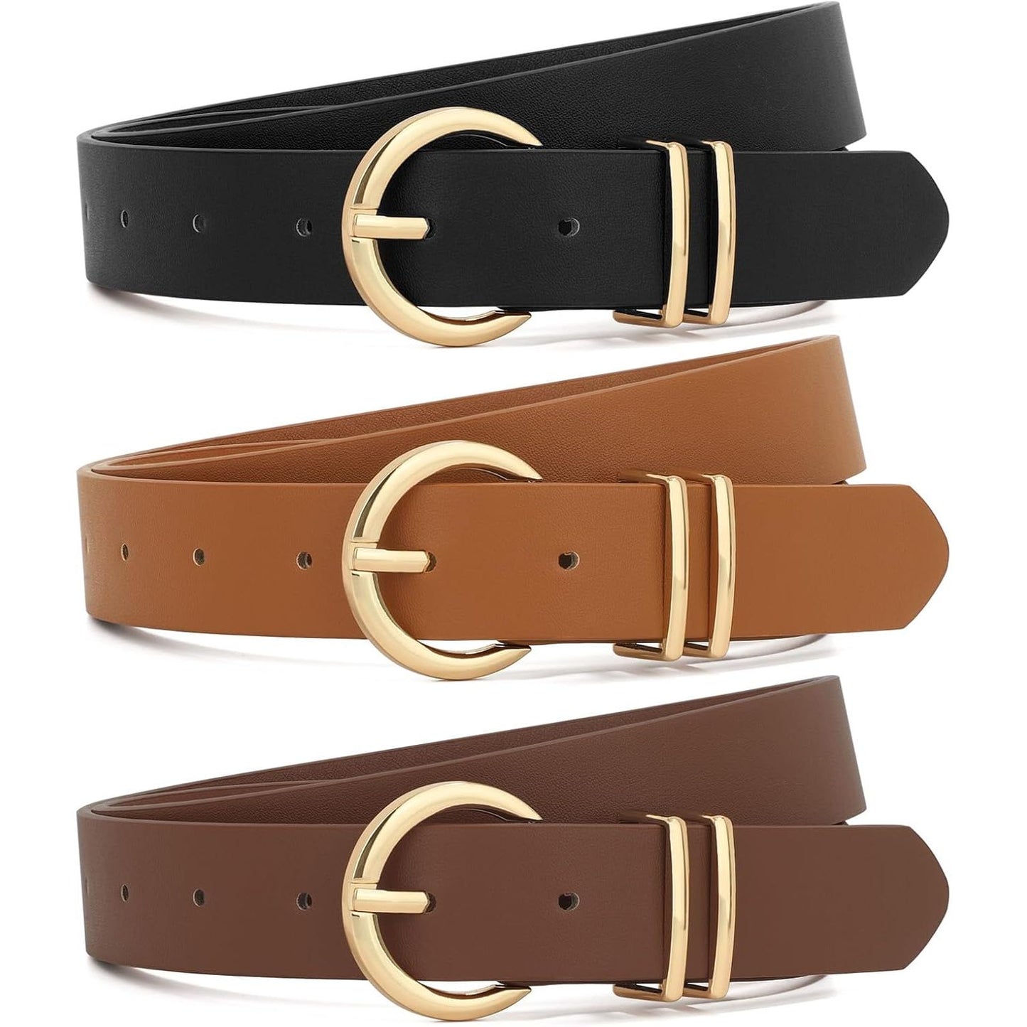 3 Pack Women Belts for Jeans Dresses Pants Ladies Leather Waist Belt with Gold Buckle
