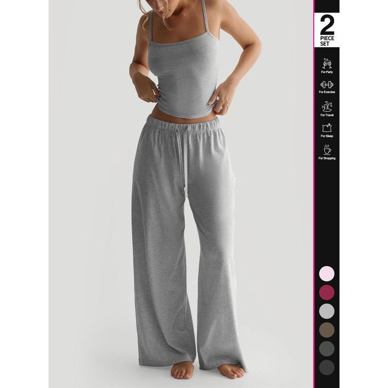 Women'S Solid Cami Top & Wide Leg Pants Lounge Set, Casual Comfy Pyjama Set for Women, Comfy Basic Loungewear Set for Daily Home Wear, Minimalist Pajamas, Nightwear