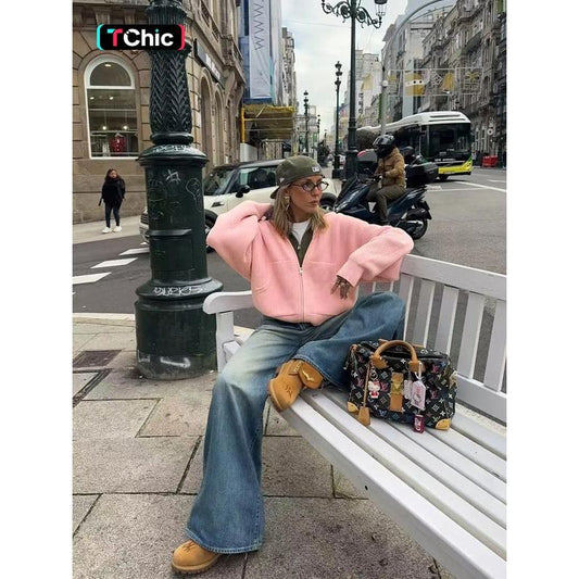 Women'S Plain Hooded Zipper Knit Sweater, Casual Long Sleeve Pullover for Fall & Winter, Comfortable Ladies Fashion Top