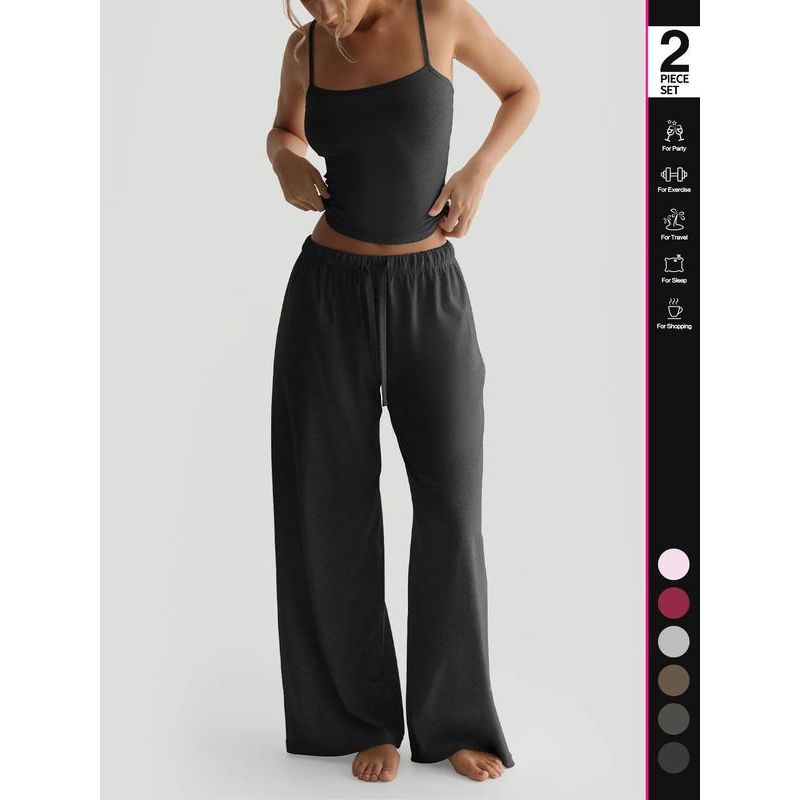 Women'S Solid Cami Top & Wide Leg Pants Lounge Set, Casual Comfy Pyjama Set for Women, Comfy Basic Loungewear Set for Daily Home Wear, Minimalist Pajamas, Nightwear
