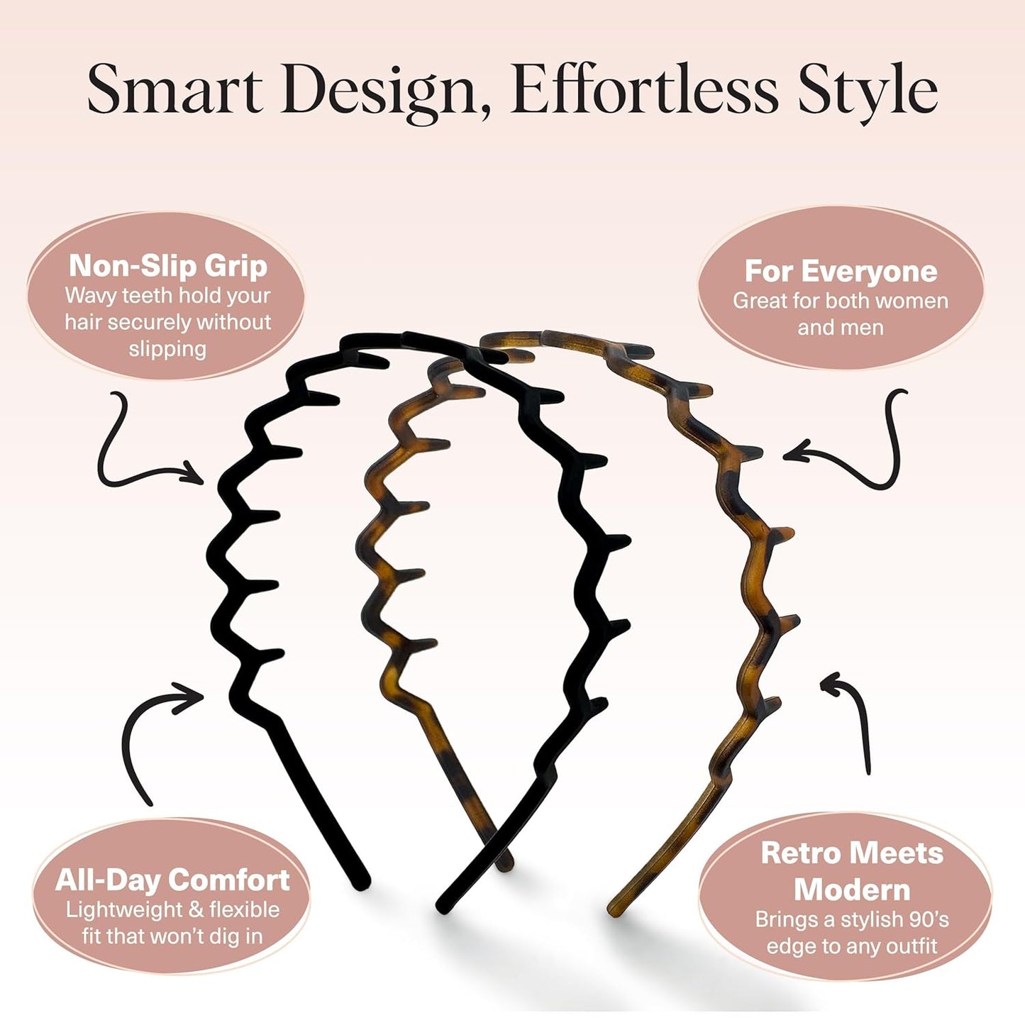 Zig Zag Headbands for Women Non Slip – Fashion Accessories for Slicked Back Styles - Comfortable Comb Headband with Teeth - Recycled Plastic Tortoise & Black Headband - 2 Pcs