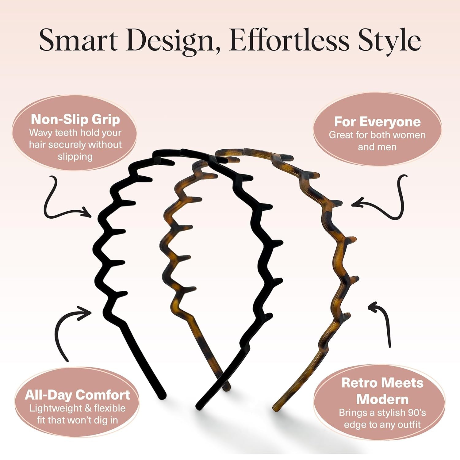 Zig Zag Headbands for Women Non Slip – Fashion Accessories for Slicked Back Styles - Comfortable Comb Headband with Teeth - Recycled Plastic Tortoise & Black Headband - 2 Pcs