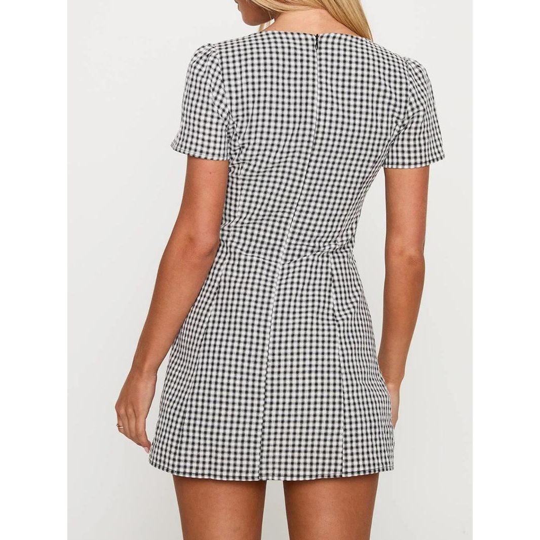 Women's Plaid Print V Neck Shirt Dress, Casual Short Sleeve Button Dress for Daily Wear, Ladies Clothes for All Seasons