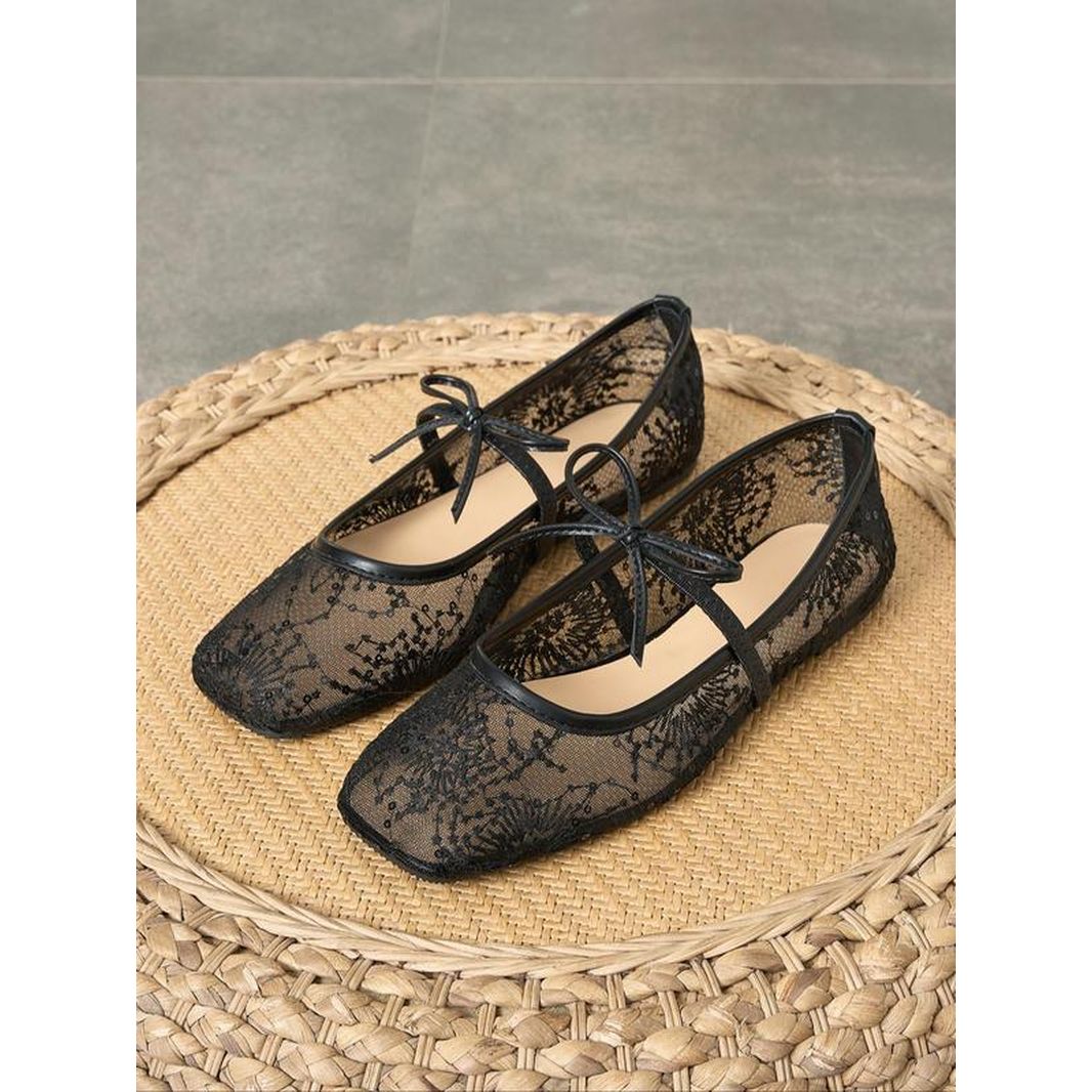 Women'S Embroidery Lace Netted Ballet Flats, Elegant Square Toe Flat Shoes for Party, Daily Clothing Decor, Lightweight Breathable Comfortable Shoes for Women & Girls, Wedding Shoes
