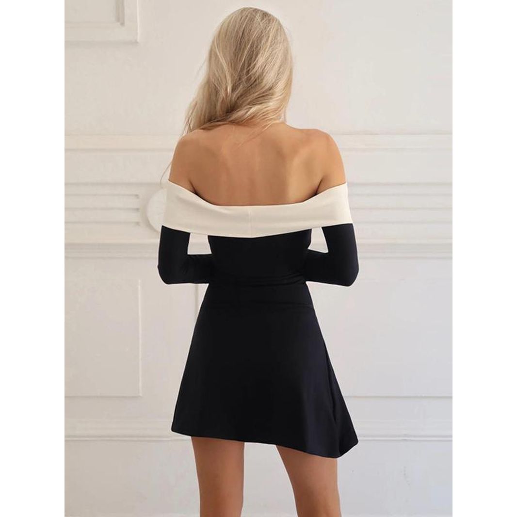 Women'S Colorblock off Shoulder a Line Dress, Elegant Fashion Long Sleeve Short Dress for Party Club Holiday, Women Dress for Spring Fall