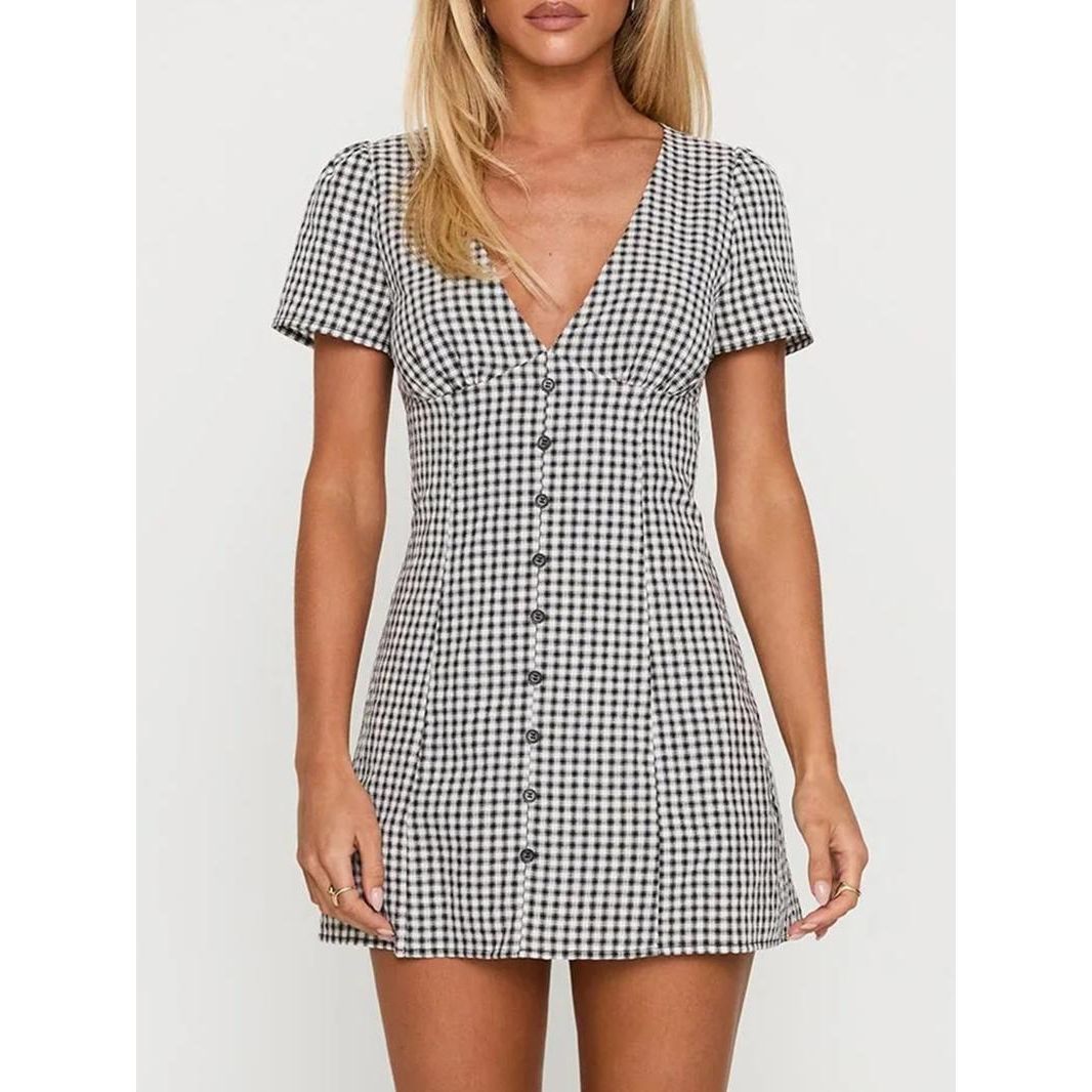 Women's Plaid Print V Neck Shirt Dress, Casual Short Sleeve Button Dress for Daily Wear, Ladies Clothes for All Seasons
