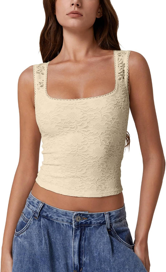 Womens Lace Trim Square Neck Sleeveless Tank Tops Double-Layer Slim Fit T Shirt Crop Tops