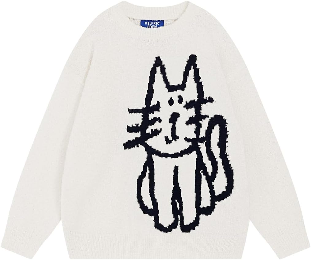 Women'S Pullover Sweater Hand Drawn Cat Graphic Printed Oversized Sweater Fall Winter Fashion Couple Tops
