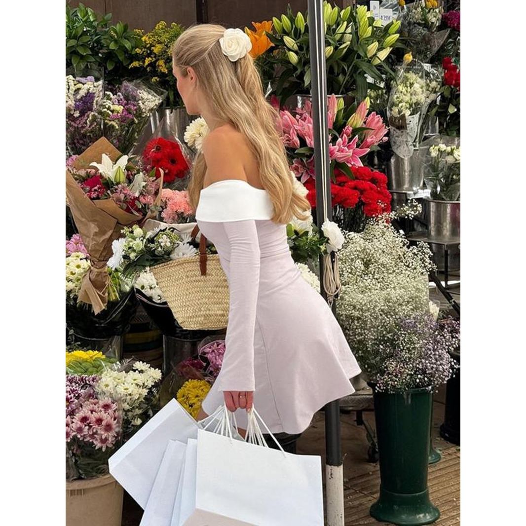 Women'S Colorblock off Shoulder a Line Dress, Elegant Fashion Long Sleeve Short Dress for Party Club Holiday, Women Dress for Spring Fall