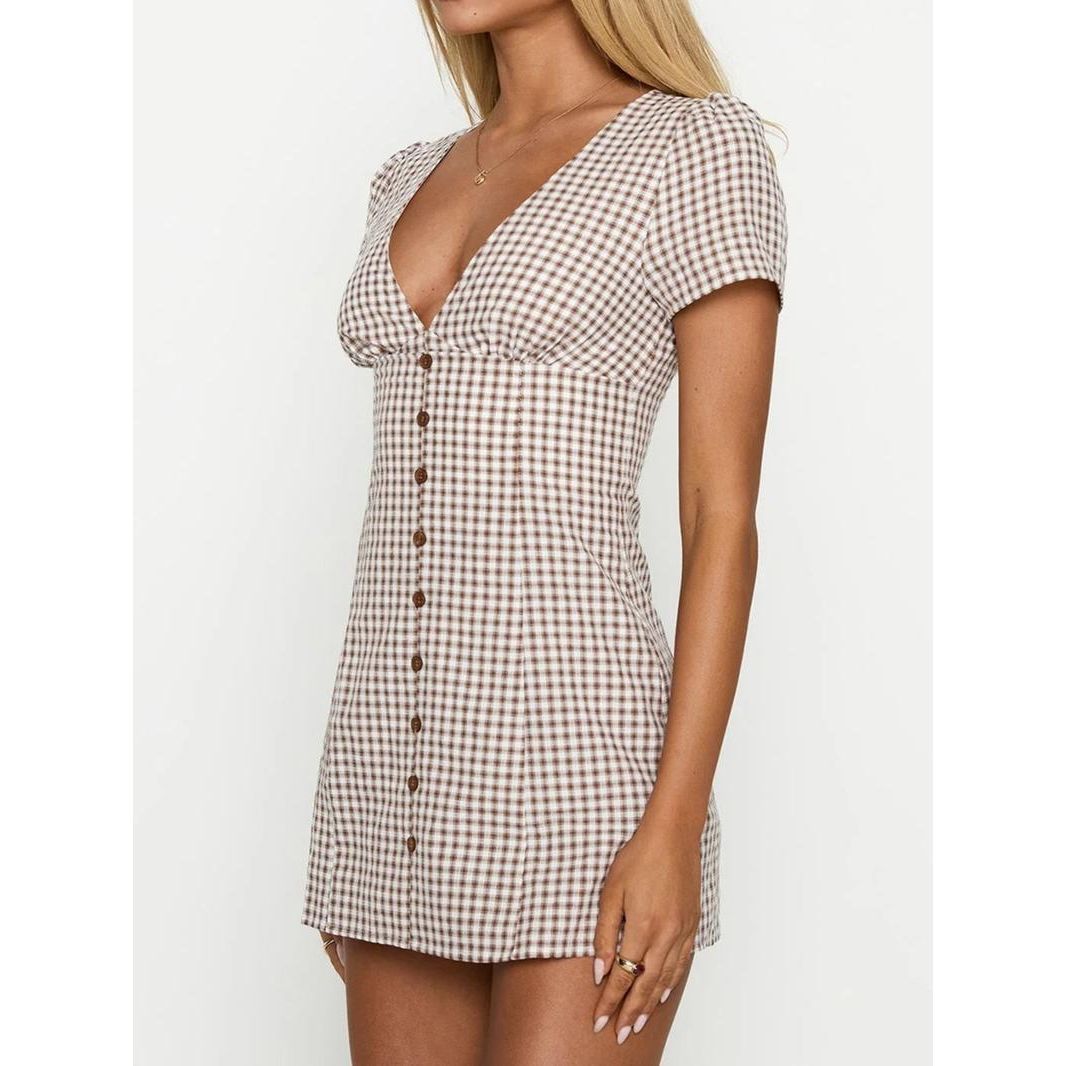 Women's Plaid Print V Neck Shirt Dress, Casual Short Sleeve Button Dress for Daily Wear, Ladies Clothes for All Seasons