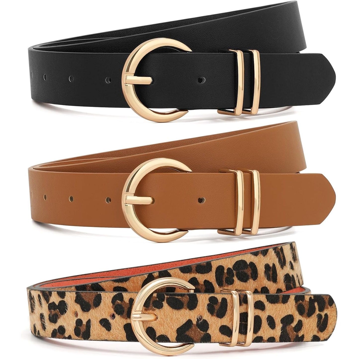 3 Pack Women Belts for Jeans Dresses Pants Ladies Leather Waist Belt with Gold Buckle