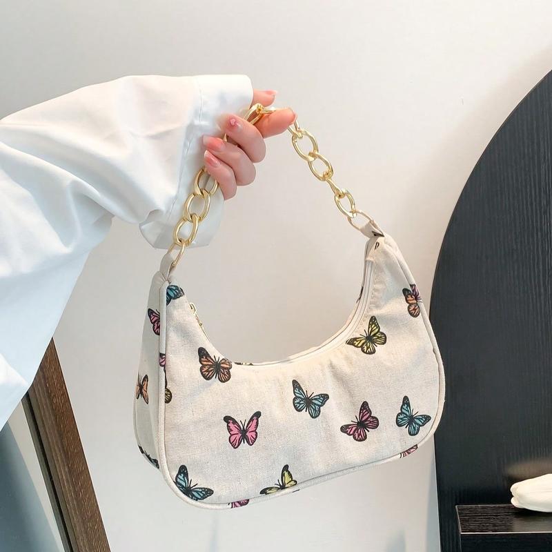 Fashionable Metal Chain Clutch Bag with Crescent Moon & Butterfly Pattern, Casual Burlap Handbag for Women Valentines
