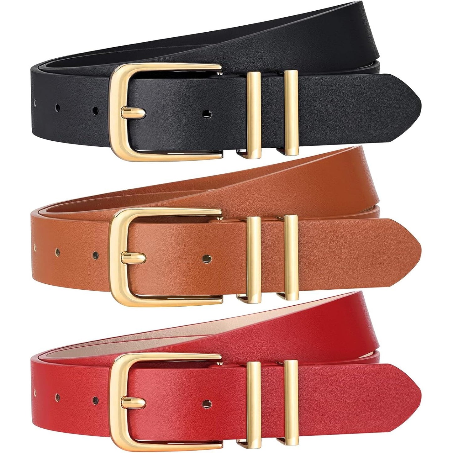 3 Pack Women Belts for Jeans Dresses Pants Ladies Leather Waist Belt with Gold Buckle
