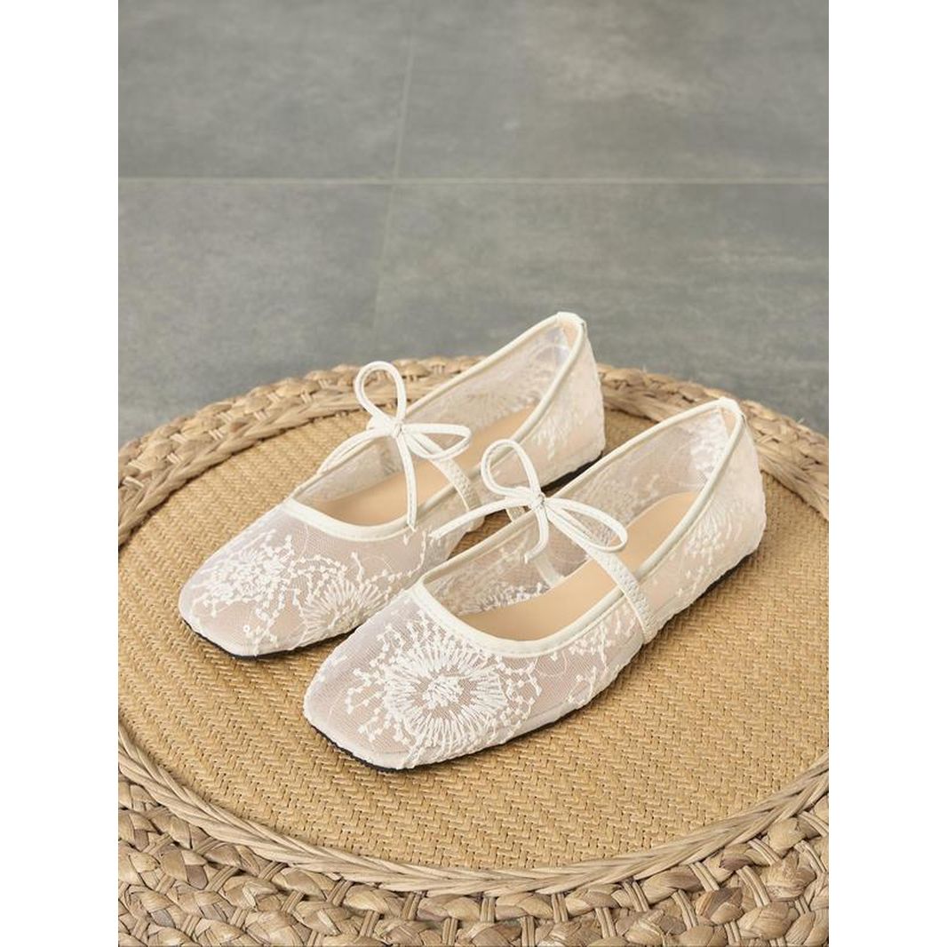Women'S Embroidery Lace Netted Ballet Flats, Elegant Square Toe Flat Shoes for Party, Daily Clothing Decor, Lightweight Breathable Comfortable Shoes for Women & Girls, Wedding Shoes
