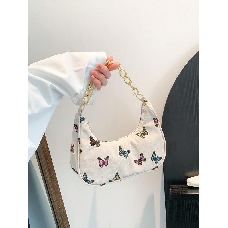 Fashionable Metal Chain Clutch Bag with Crescent Moon & Butterfly Pattern, Casual Burlap Handbag for Women Valentines