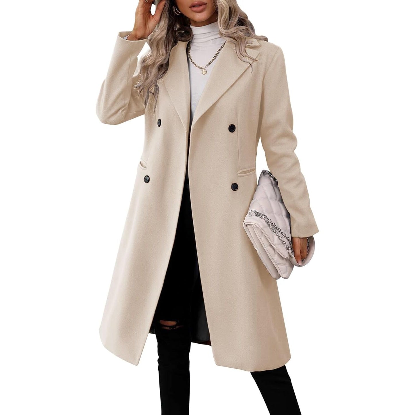 Womens Long Double Breasted Coats Lapel Collar Pea Coat Winter Slim Fit Jackets Trench Coat Outwear