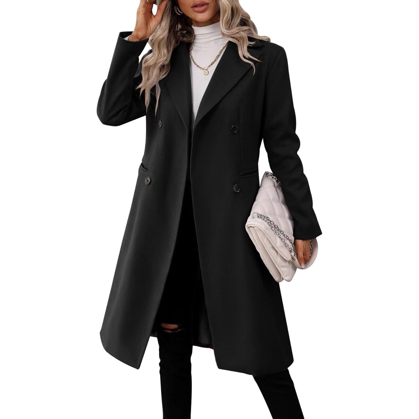 Womens Long Double Breasted Coats Lapel Collar Pea Coat Winter Slim Fit Jackets Trench Coat Outwear